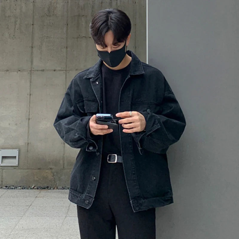 High Street Men's Denim Jackets Turn-down Collar Solid Color Casual Tops Trendy Single Breasted Loose Male Coats New 9C9002