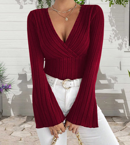 y2k Knitted T Shirts Sexy Women Clothes Solid Color Deep V Neck Flared Long Sleeve Ribbed Tops Clothing Club Streetwear