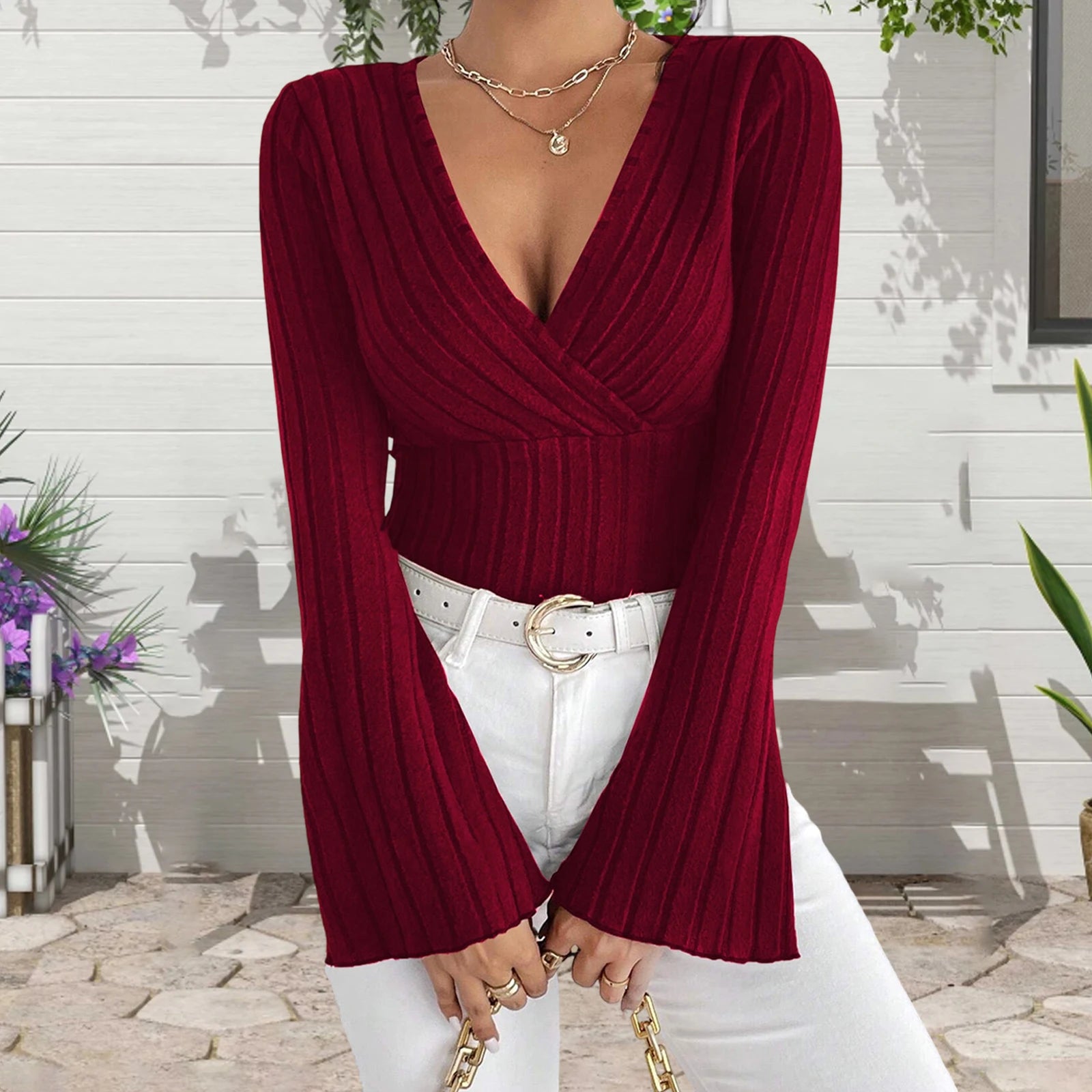 y2k Knitted T Shirts Sexy Women Clothes Solid Color Deep V Neck Flared Long Sleeve Ribbed Tops Clothing Club Streetwear