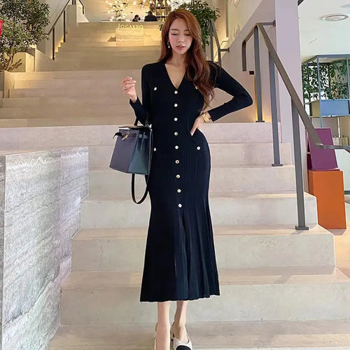 Load image into Gallery viewer, French Fashion Women Black Single Breasted Elegant V Neck Festival Knit Dress Autumn Long Sleeve Slim Fishtail Dress Ladies Chic

