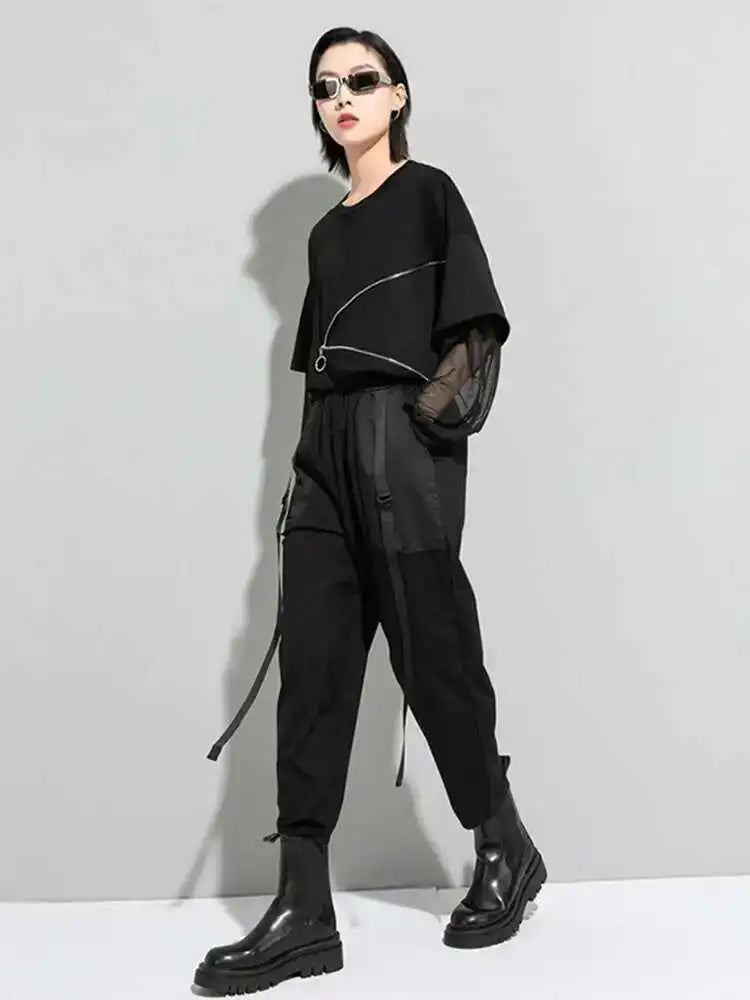 High Elastic Waist Black Pocket Split Long Harem Trousers New Loose Fit Pants Women Fashion Spring Autumn 2025 1DD5773