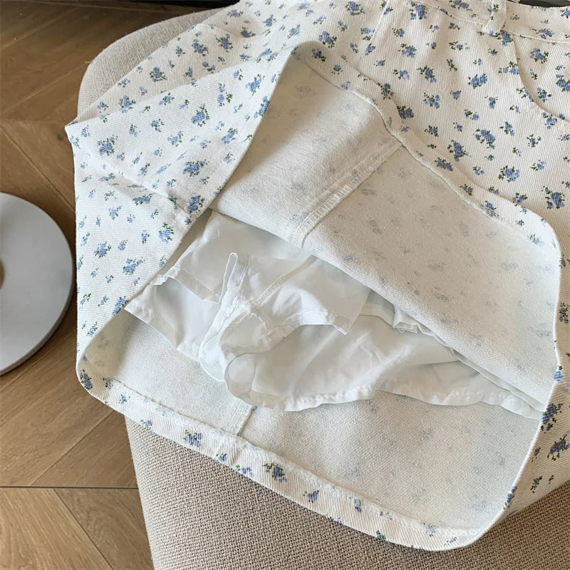 Korean Spring Summer New Vintage Sweet High Waist Fashion Denim A-line Short Pencil Skirt Women Flower Wrapped Hip Mini Skirts