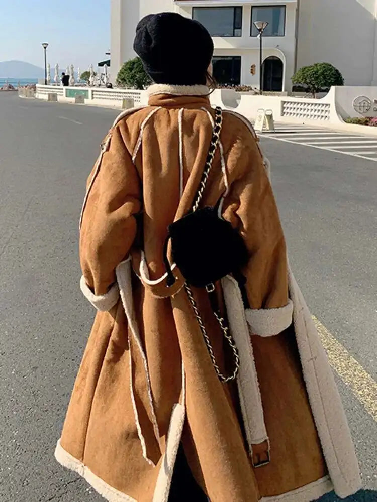 Camel Thick Big Size Long Lambswool Jacket New Stand Collar Long Sleeve Women Coat Fashion Tide Autumn Winter 2025 1DH8605