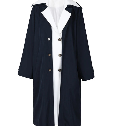 Women Dark Blue Color-block Big Size Trench New Lapel Long Sleeve Windbreaker Fashion Tide Spring Autumn 2025 CPDB001