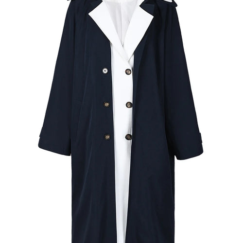 Load image into Gallery viewer, Women Dark Blue Color-block Big Size Trench New Lapel Long Sleeve Windbreaker Fashion Tide Spring Autumn 2025 CPDB001
