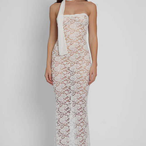 Load image into Gallery viewer, Lace See Through Sexy Midi Dress For Women Fashion Off-shoulder Strapless Sleeveless Backless Bodycon Club Party Dress
