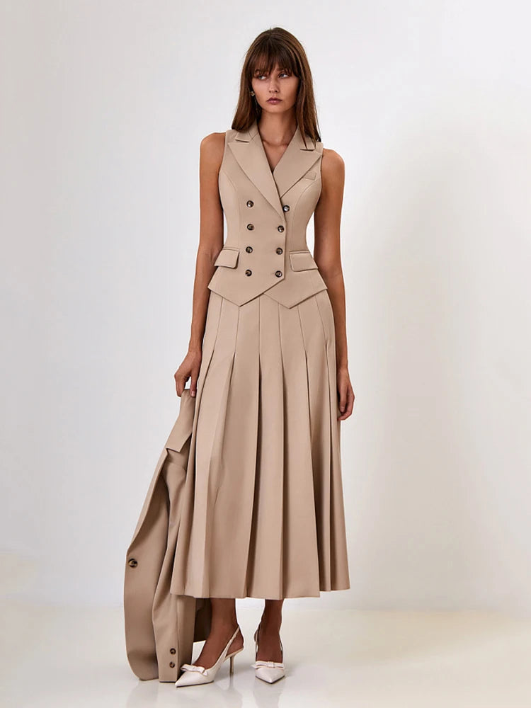 Fashion Slim Button Vest Long Skirt Women Two-piece Set Tight Vest Pleated Skirt Set Elegant Streetwear 2024 Autumn Set