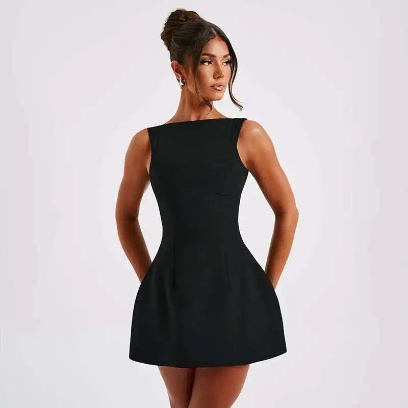 Elegant Backless Mini Tank Dress For Women Fashion Black O Neck Sleeveless Club Party A-line Basics Sexy Dress New