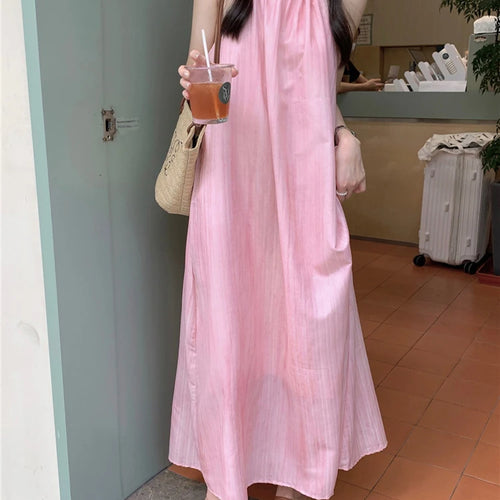 Load image into Gallery viewer, French Style Pink Bow Halter Women Dresses Sleeveless O-neck Solid Color Casual Female Dress Summer Chic Elegant Dresses
