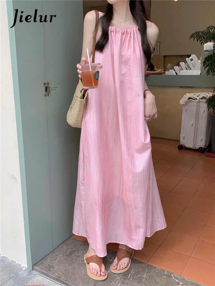 French Style Pink Bow Halter Women Dresses Sleeveless O-neck Solid Color Casual Female Dress Summer Chic Elegant Dresses