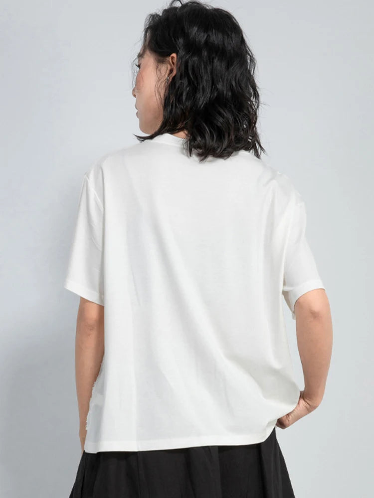 Women White Dot Printed Irregular Big Size T-shirt New Round Neck Short Sleeve Fashion Tide Spring Summer 2025 1DJ1011