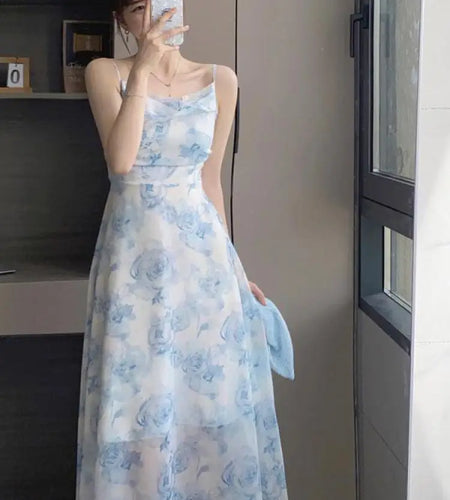 Summer Blue Flower Sleeveless Elegant Pleated Slip Long Dresses Fashion Women Vintage High Waist Backless Vacation Sundress Boho