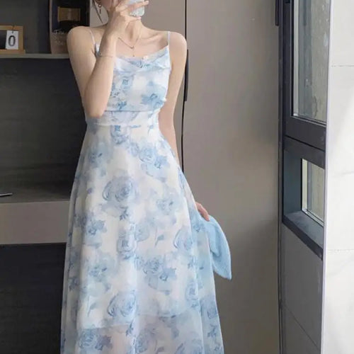 Load image into Gallery viewer, Summer Blue Flower Sleeveless Elegant Pleated Slip Long Dresses Fashion Women Vintage High Waist Backless Vacation Sundress Boho
