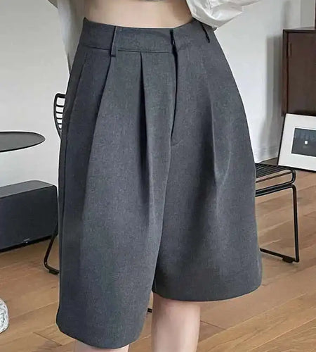 Women Gray Pleated Pocket Elegant Casual Wide Leg Shorts New High Waist Trousers Fashion Tide Spring Summer 2025 1DH4866