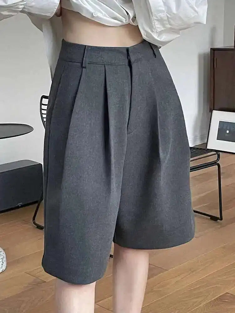 Women Gray Pleated Pocket Elegant Casual Wide Leg Shorts New High Waist Trousers Fashion Tide Spring Summer 2025 1DH4866