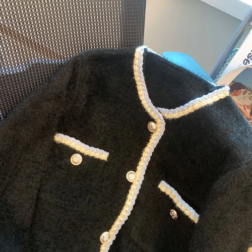 Load image into Gallery viewer, Autumn Winter French Black White Patchwork Knitted Cardigan Tops Women V Neck Single Breasted Long Sleeve Imitation Mink Sweater
