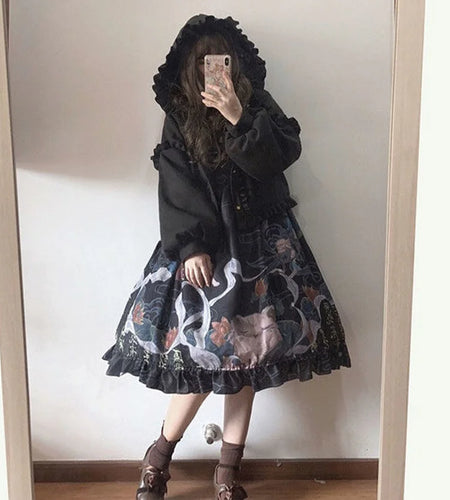 Lolita Cute Jacket Women Japanese Sweet Ruffles Kawaii Coat Tops Thicked Warm Cropped Hooded  2025 Chaqueta Mujer