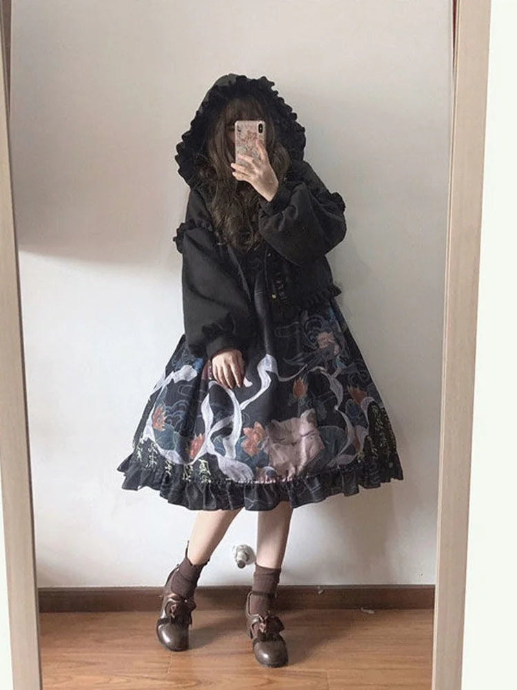 Lolita Cute Jacket Women Japanese Sweet Ruffles Kawaii Coat Tops Thicked Warm Cropped Hooded  2025 Chaqueta Mujer