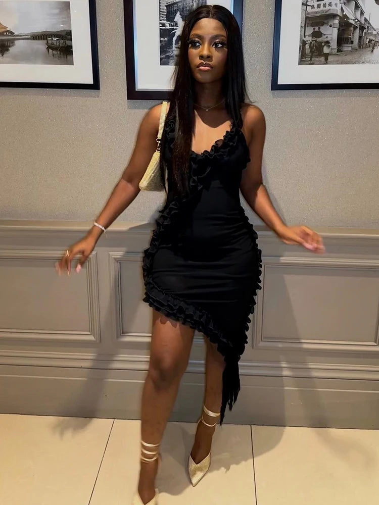 Sexy Double Layer Mesh Ruffles Asymmetrical Women's Dress Draped  Backless Slim Dress Female Party Streetwear 2023 New