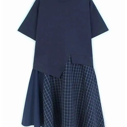 Load image into Gallery viewer, Women Black Plaid Color-block Big Size Midi Dress New Round Neck Short Sleeve Fashion Tide Spring Summer 2025 1DJ0086
