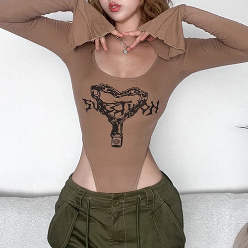 Load image into Gallery viewer, Brown Heart Printing Autumn Body Flare Sleeve Bodycon Vintage Fashion Y2K Female Bodysuit Aesthetic Tops Romper Party
