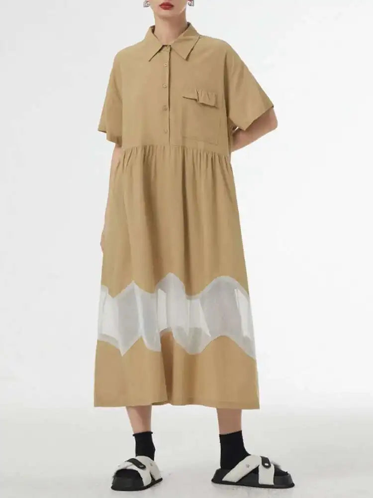 Women Blue Perspective Big Size Shirt Dress New Lapel Short Sleeve Loose Fit Fashion Tide Spring Summer 2025 1DF8791