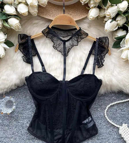 Vintage New Women Black Temperament Sleeveless Ruffles Lace Slip Tops Summer Sexy Club Backless Asymmetrical Vest Clothing Trend