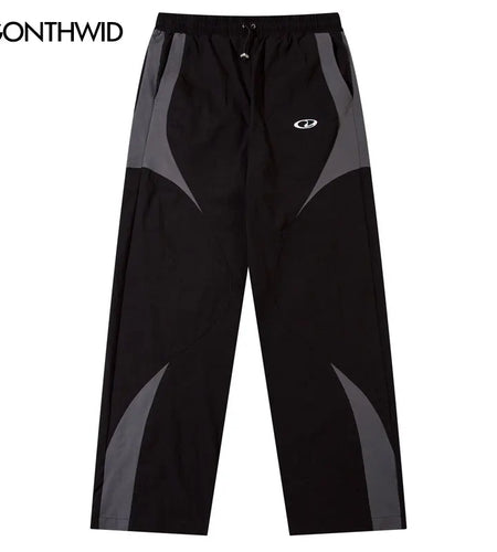 Men Vintage Black Sports Pants Y2K Vintage Patchwork Joggers Baggy Pants Hip Hop Casual Drawstring Waist Quick Drying Trousers