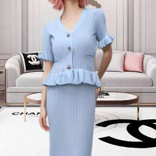 Load image into Gallery viewer, Women Black White V-neck Single Breasted Ruffles Knitted Dresses For Fashion Spring Summer Blue Elegant Short Sleeved Long Dress
