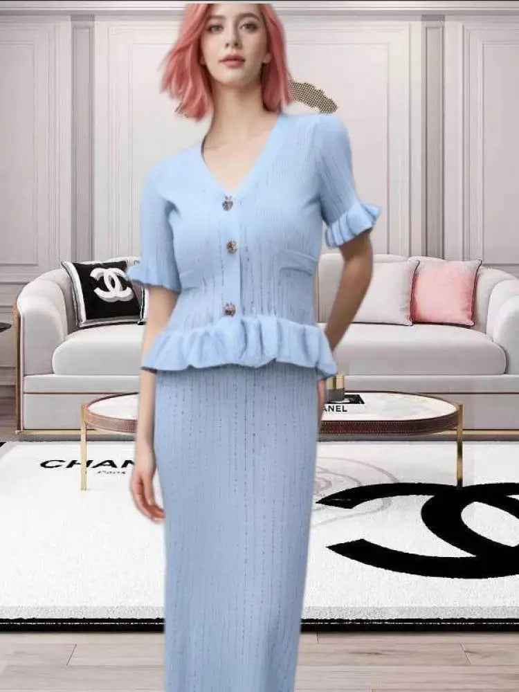 Women Black White V-neck Single Breasted Ruffles Knitted Dresses For Fashion Spring Summer Blue Elegant Short Sleeved Long Dress