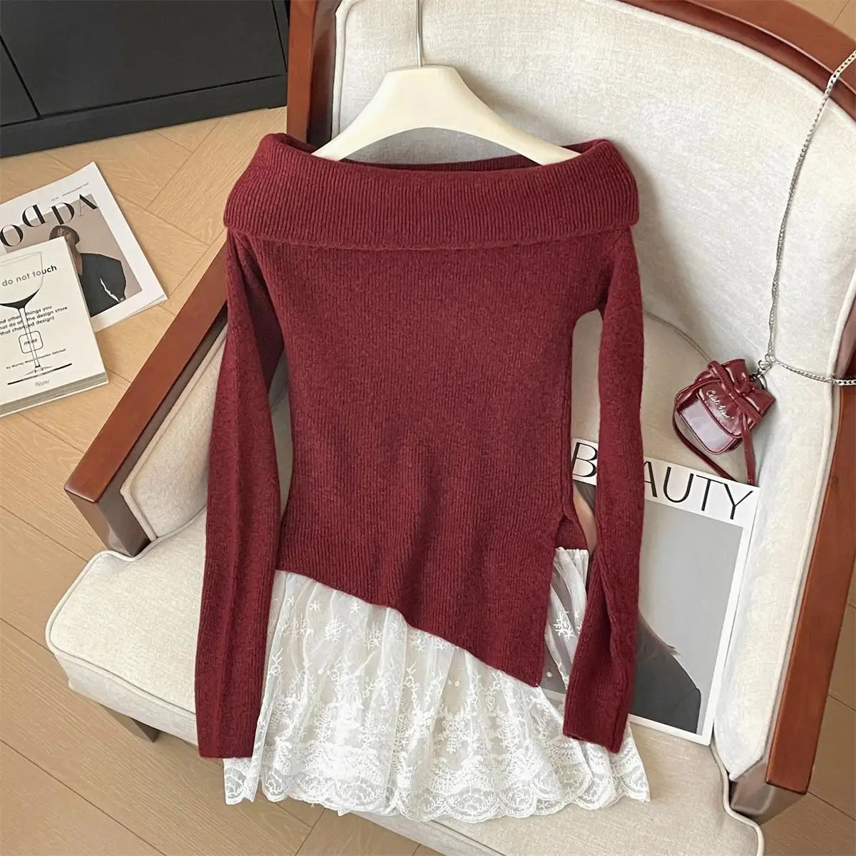 French Autumn Winter Patchwork Lace Elegant Pullover Short Sweater Women's Vintage 2024 New Office Lady Long Sleeved Knitted Top