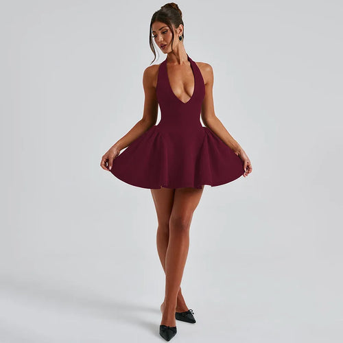 Load image into Gallery viewer, Deep V Neck Backless Sexy Mini Dress For Women Elegant Halter Sleeveless High Waist A-line Pleated Club Party Dress
