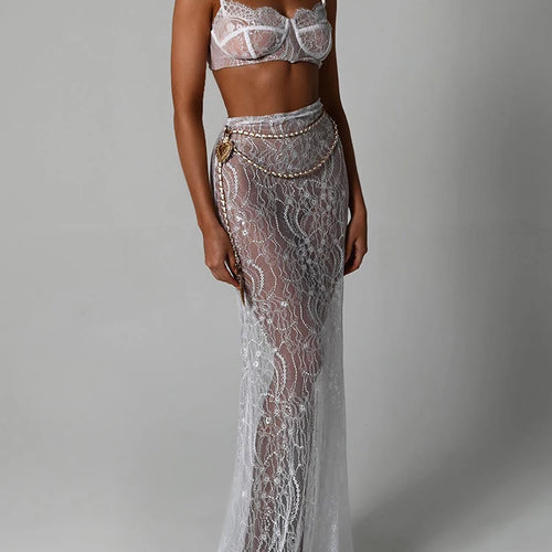 Load image into Gallery viewer, See Through Lace Two Piece Skirt Sets Women Crop Top And Maxi Skirt Sets Elegant Party Beach Sexy Two Piece Set
