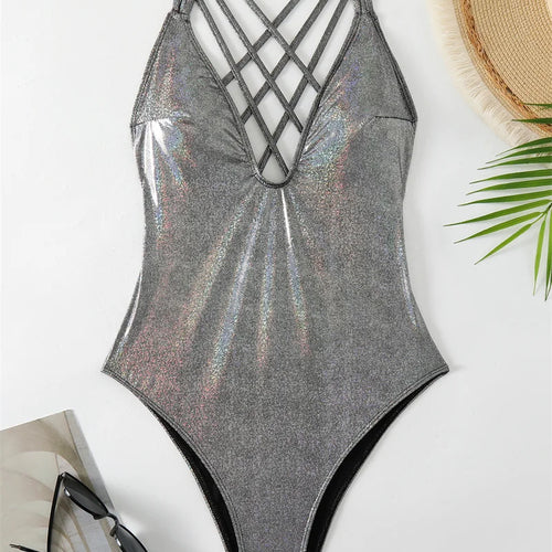 Load image into Gallery viewer, Shiny Silver Deep V Neck Halter One Piece Swimsuit 2024 Swimwear for Women Sexy Bathing Suit High Waist Monokini
