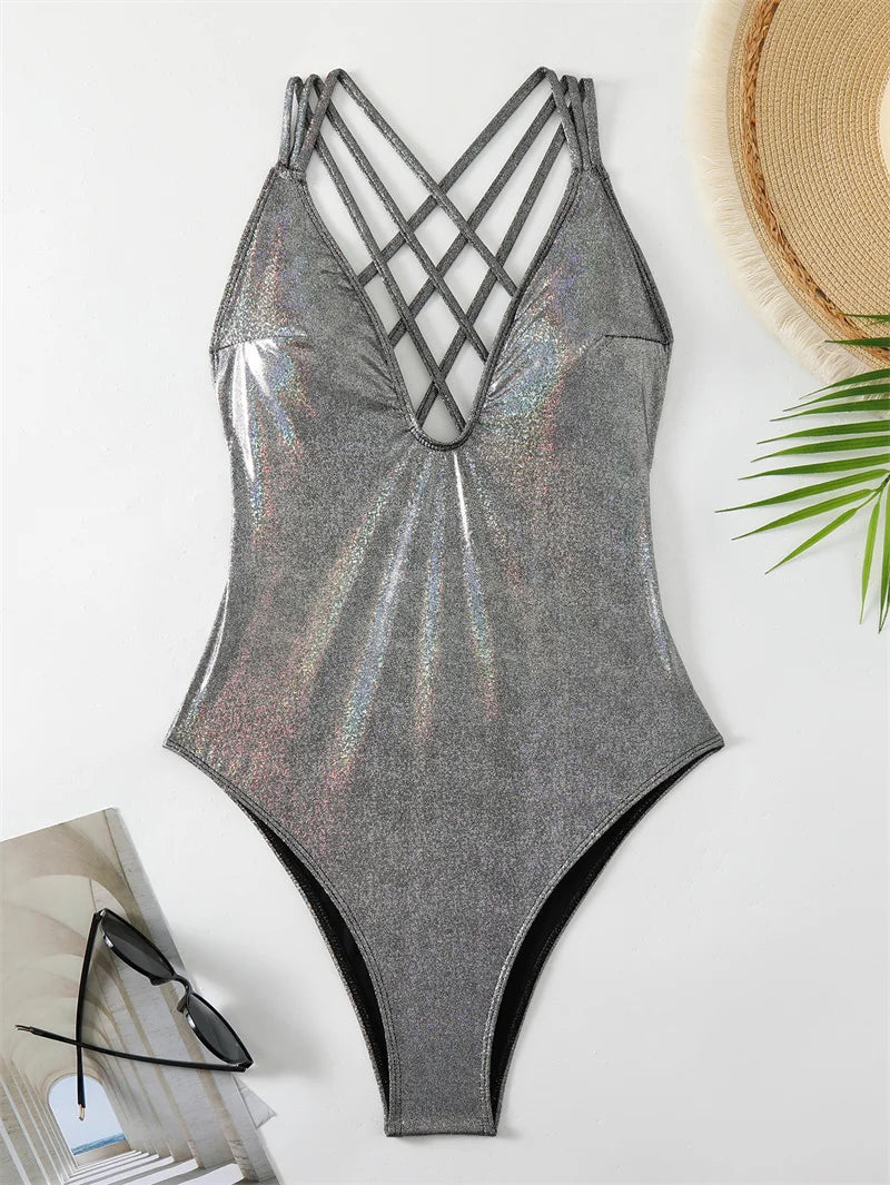 Shiny Silver Deep V Neck Halter One Piece Swimsuit 2024 Swimwear for Women Sexy Bathing Suit High Waist Monokini