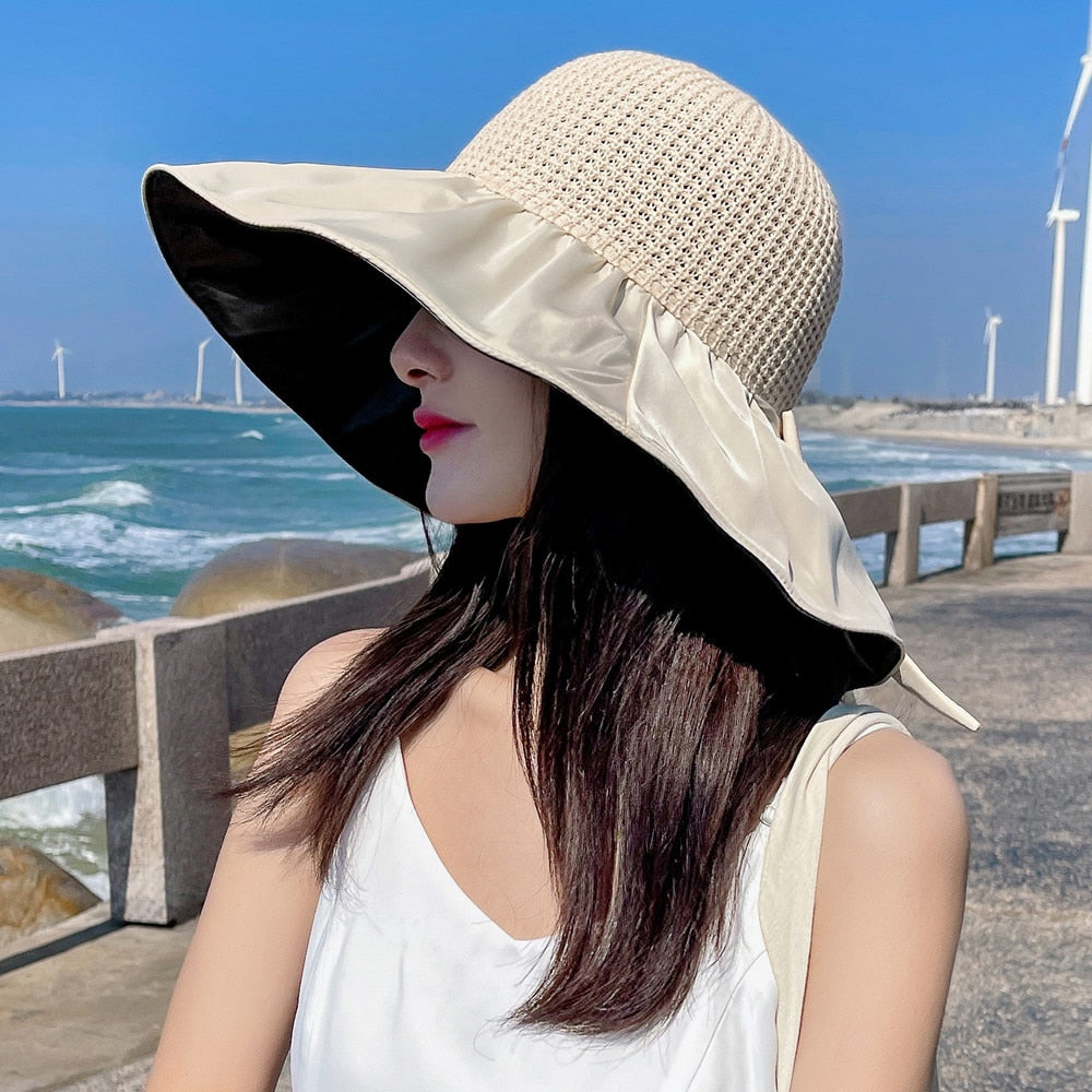 Summer Hats For Women Fashion Polka Dots  Bow Tie Design Straw Hat High Quality Sun Protection Sun Hat Travel Beach Hat