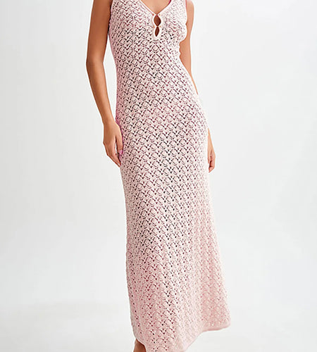 V Neck Sleeveless Hollow Out Knitted Beach Cover Up Crochet Cover-ups Beach Long Dress Beach Wear Elegant Beachwear Women V6106