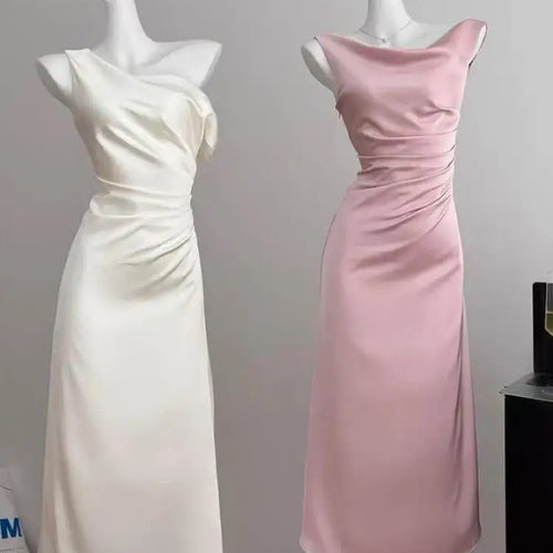 Load image into Gallery viewer, Summer White Pink Elegant Office Pleated Long Dresses Women Fashion Green Sleeveless Swinging Neck Slim Vest Dress Vestidos
