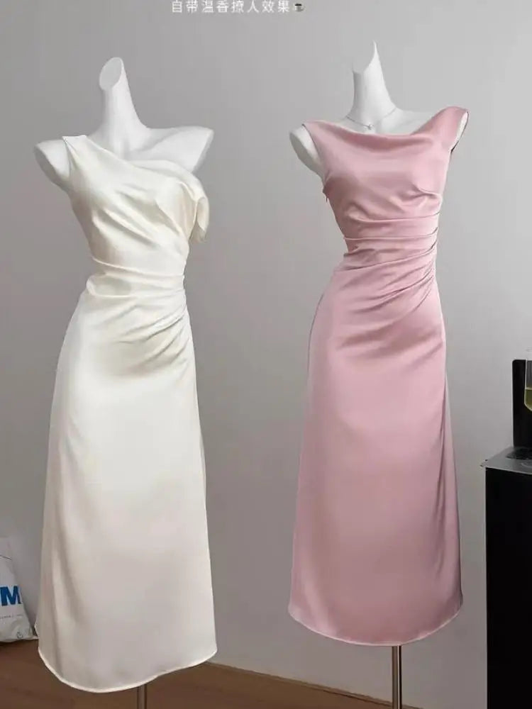 Summer White Pink Elegant Office Pleated Long Dresses Women Fashion Green Sleeveless Swinging Neck Slim Vest Dress Vestidos