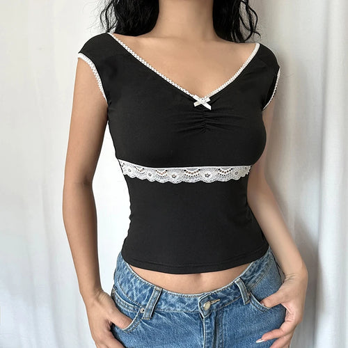 Load image into Gallery viewer, Vintage Fashion Skinny Summer Tank Top Bow Lace Spliced Y2K Aesthetic Vest Sleeveless 2000s Outfits Basic Sweet Tees
