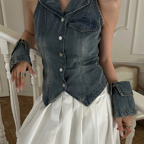 Load image into Gallery viewer, Patchwork Button Denim Shirts For Women Lapel Sleeveless Loose Off Shoulder Summer Blouse Female Fashion Clothing
