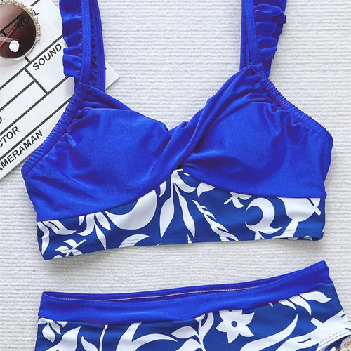 Load image into Gallery viewer, Printed Splicing Ruffled Female Swimsuit High Waist Bikini 2024 Women Swimwear Two Pieces Biquini Bathing Suit
