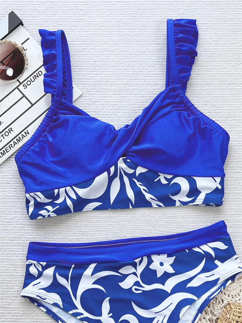 Printed Splicing Ruffled Female Swimsuit High Waist Bikini 2024 Women Swimwear Two Pieces Biquini Bathing Suit