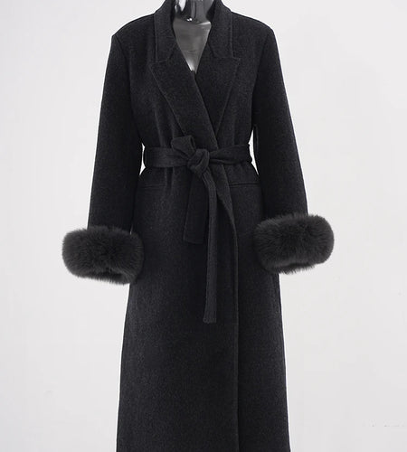 Dark Gray Cuff Fur Big Size Long Woolen Coat New Lapel Long Sleeve Women Jacket Fashion Tide Autumn Winter 2025 CPG2464