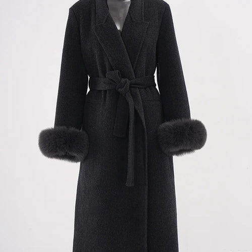 Load image into Gallery viewer, Dark Gray Cuff Fur Big Size Long Woolen Coat New Lapel Long Sleeve Women Jacket Fashion Tide Autumn Winter 2025 CPG2464
