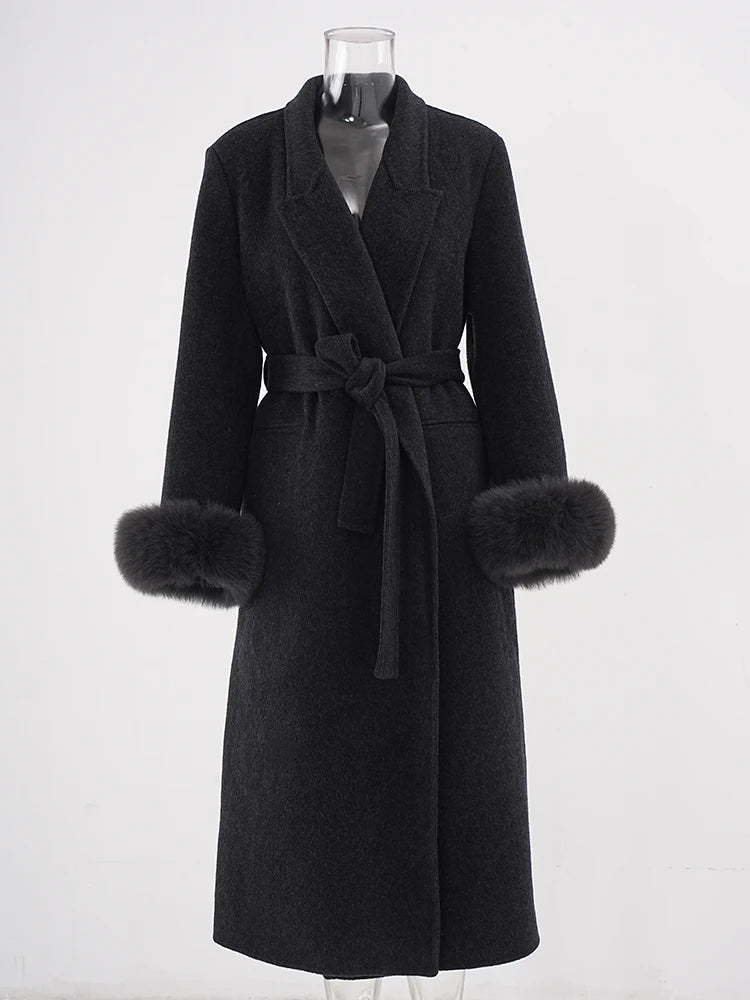 Dark Gray Cuff Fur Big Size Long Woolen Coat New Lapel Long Sleeve Women Jacket Fashion Tide Autumn Winter 2025 CPG2464