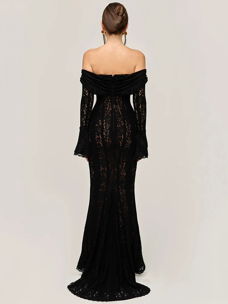 Lace Off-shoulder Sexy Maxi Dress Women Strapless Backless Long Sleeve Bodycon Evening Club Party Long Dress Elegant