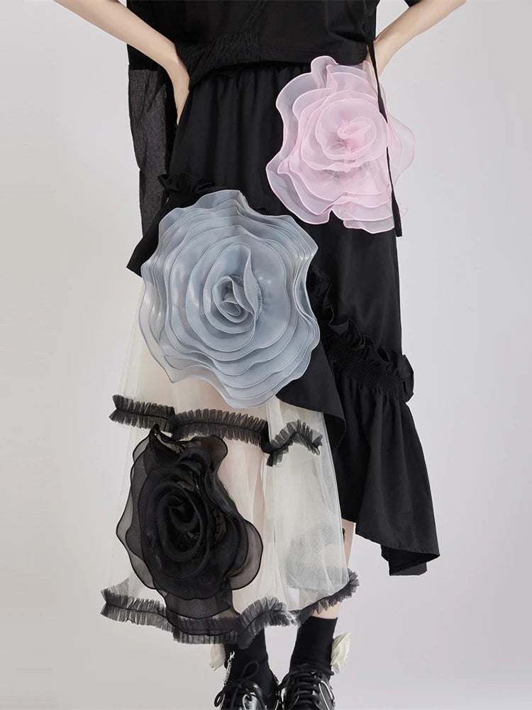 High Elastic Waist Black 3d Flower Irregular Mesh Half-body Skirt Women Fashion Tide New Spring Autumn 2025  1DJ1430