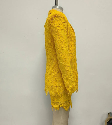 Solid Spliced Lace Three Piece Sets for Women Lapel Long Sleeves Jacket Sheer Vest High Waist Shorts Set Female New