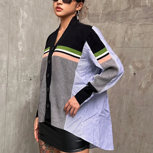 Load image into Gallery viewer, Loose Shirt For Women V Neck Long Sleeve Patchwork Striped Colorblock Casual Blouses Female Clothes Autumn
